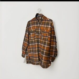 She + Sky Plaid Shacket Jacket Brown Blue Button Up Size Small